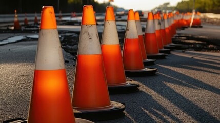 A line of bright orange safety traffic cones placed in a row on an asphalt road surface with shadows creating a striped pattern