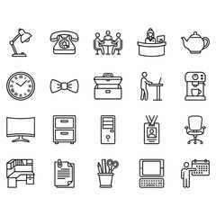 Vector line art icon set for office and business. 20 clean outline symbols including workspace furniture, technology, meeting, and administration elements.