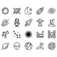 20 vector line icons depicting outer space, astronomy, and cosmic exploration. Outline symbols for planets, rockets, astronauts, telescopes, and celestial phenomena.