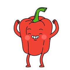Red bell pepper character with arms and legs flexing muscles on white background illustration