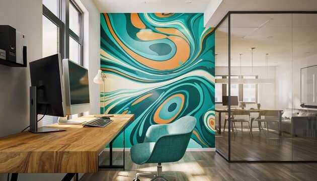 Modern Office Interior: Captivating view of an open-plan office space, adorned with contemporary abstract art, a large window provides natural light. - Powered by Adobe