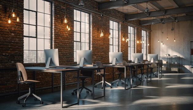 Modern Workspace: A contemporary office space, bathed in warm lighting, presents an inviting ambiance with sleek lines and a blend of industrial and minimalist design.