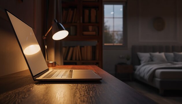 Cozy Workspace: An inviting workspace bathed in soft light, features an open laptop on a wooden desk, with a gentle glow emanating from a nearby lamp.