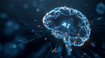 Artificial intelligence brain made of glowing digital data particles