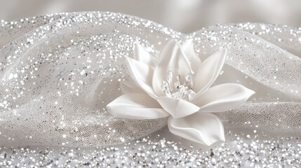 A delicate white lotus flower rests upon a shimmering fabric adorned with scattered glitter creating a soft elegant backdrop for its pure beauty