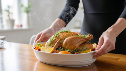 Woman serving roasted chicken with garnished fruits on table  