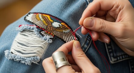 Embroidered patch being sewn onto denim jeans, needlework shows care and attention to detail. Embroidered patch shows majestic eagle, hands hold red thread, thimble is in place for safety.