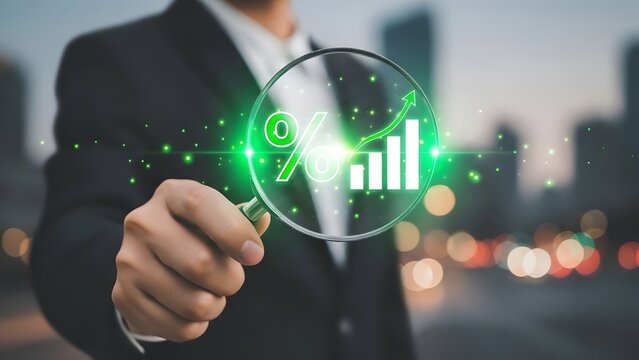 Businessman analyzing financial data with magnifying glass and holographic graph