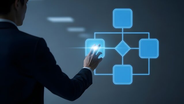 Businessman interacting with digital flowchart on futuristic touchscreen interface