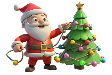 Fototapeta premium Cartoon santa claus decorating a christmas tree with colorful lights and a star on top isolated on transparent background