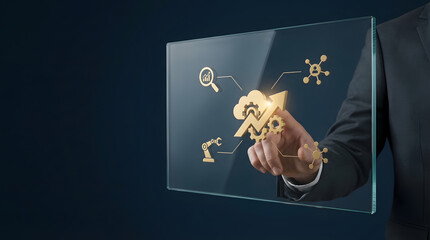 Executive Hand Interacting with Premium Gold Digital Transformation Interface