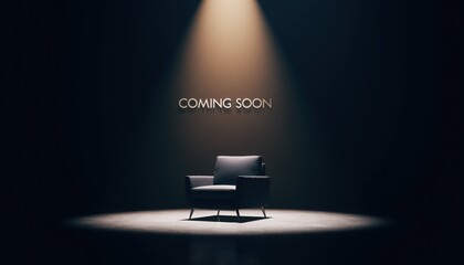 The Grand Unveiling: Illuminated by a single spotlight against a deep, dramatic backdrop, a sophisticated armchair takes center stage, with an air of anticipation and excitement.