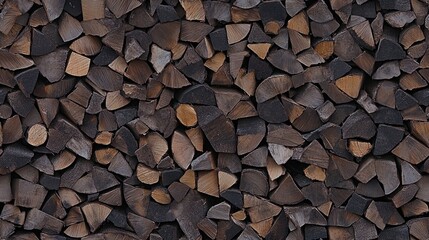 This close-up showcases a pile of firewood, featuring a rich texture of wood chips, ideal for cooking in an outdoor setting