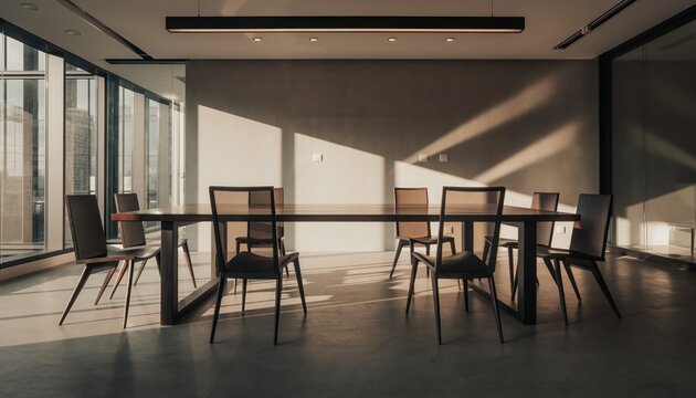 Meeting Room in Sunlight: A modern, minimalist meeting room bathed in natural sunlight. Clean lines, a large wooden table.