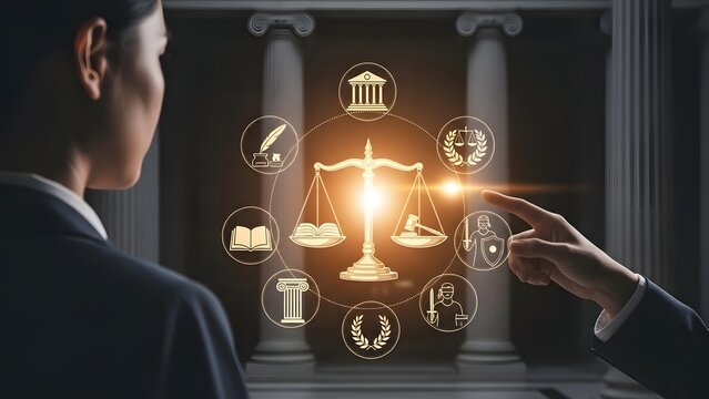 Lawyer examining digital scales of justice with legal icons and courthouse columns