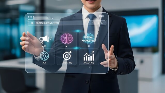 Businessman interacting with futuristic transparent display showing business data and analytics