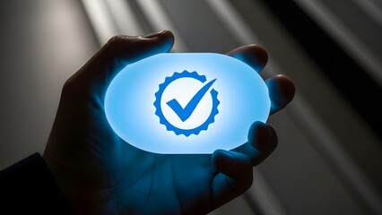 Hand holding glowing sphere with check mark symbol for approval