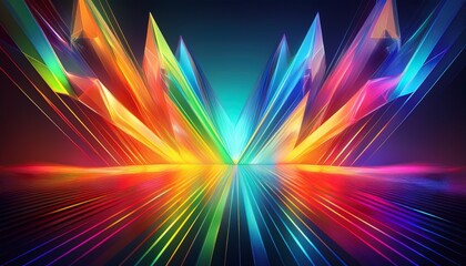 Obraz premium a futuristic color prism backdrop with angular prisms refracting vivid rainbow colors with rays of light forming abstract patterns on a sleek dark gradient background