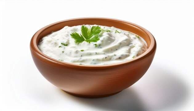 a bowl of greek tzatziki sauce isolated on a white background showcasing a traditional yogurt dip