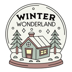 Obraz premium Winter Wonderland Snow Globe Vector Icon – Cozy Christmas Cabin, Tiny House, Sticker, Minimalist Snowy Landscape, Hand-drawn Style, Holiday Season Greeting Card Illustration & Simple Line Art Design