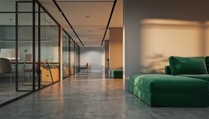 Modern Office Interior: Capturing a contemporary office space, featuring sleek glass partitions, comfortable seating, and an inviting ambiance, the image exudes professionalism and innovation.