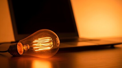 Vintage edison bulb illuminating a laptop screen in a warm atmospheric setting