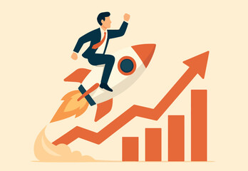  Boost performance, improvement or growth with fast speed progress, self development or marketing and investment, increase efficiency fast concept, businessman riding fast rising speed rocket on graph