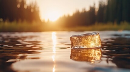 A glistening golden ice block rests on the calm water, reflecting the clear dusk sky and the nearby grassy field with trees