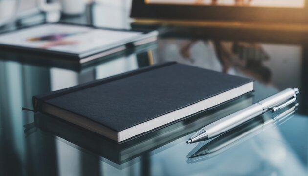 Daily Journal and Pen: A classic daily journal and elegant pen lie on a sleek, modern surface, inviting introspection and creativity. Capture the essence of organized thoughts and personal reflection.