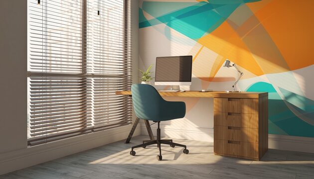 Modern Workplace: A bright office scene, bathed in natural light, showcasing a stylish desk setup beside a large window with blinds and a vibrant wall mural, offering a blend of work and artistry.