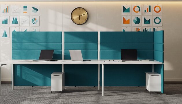 Modern Office Cubicles: A well-lit and organized modern office workspace, featuring several stylish cubicles. The scene radiates a sense of productivity, design, and a professional work environment.