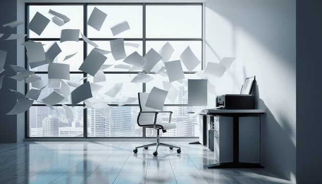 Office Chaos: Papers whirl and twirl in an empty office setting, showcasing disarray of documents, while a computer and desk sit undisturbed. This scene embodies workplace productivity.