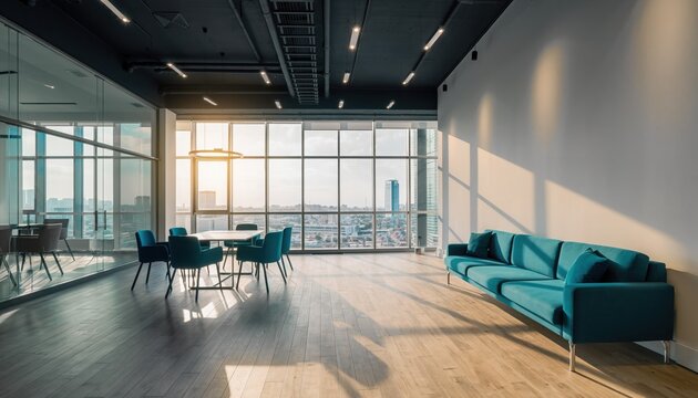 Modern Workspace: A contemporary office space, bathed in natural light, offers an inviting ambiance, showcasing a perfect blend of design and functionality. - Powered by Adobe