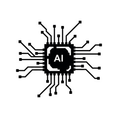 Artificial intelligence microchip icon with central processor and connected circuit lines in minimalist black and white design