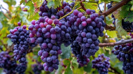 Bunches of ripe dark grapes hanging from lush green vines in a vineyard during the harvest season under clear blue skies