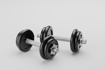 Minimal pair of black adjustable dumbbells on light background. 3d rendering