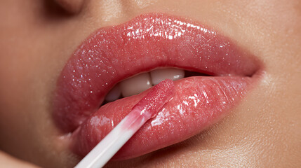 Close-up beauty shot of young woman applying lip gloss to her fashionably made-up lips and face