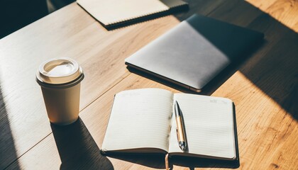 Workplace Tranquility: A sunlit workspace setting features an open notebook with pen, a closed laptop, and a takeaway coffee cup, all arranged on a wooden table, inviting contemplation.