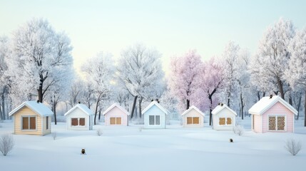 Colorful beehives lie on their sides in the snow, surrounded by a tranquil winter forest with trees blanketed in white