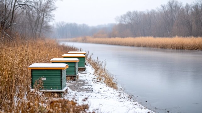 Beehives are blanketed in snow, surrounded by trees and beekeeping tools, showcasing a tranquil winter landscape