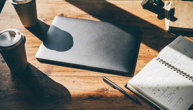 Workspace Productivity: A close-up shot of a workspace, showing a closed laptop, a pen, a notepad, and takeaway coffee cups, all bathed in natural light, a testament to the modern working environment.