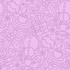 Christmas pattern, doodles, line art, pink color. Seamless floral pattern-861.