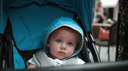 Charming baby in a blue stroller enjoying a sunny day outdoors at a cafe in the city center, capturing curious expressions and moments