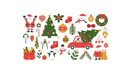 Naklejka premium Collection of festive christmas icons and ornaments including santa claus snowman trees and gifts for holiday design