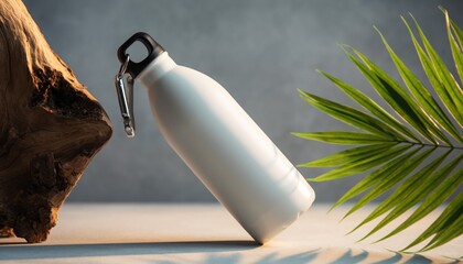 Eco-Friendly Hydration: A sleek, stainless steel water bottle rests gracefully on a natural surface, accentuated by a wooden element and a lush green plant.