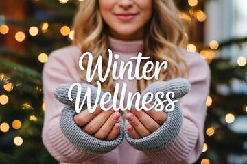 Woman holding hands with winter wellness text overlay Christmas lights background holiday health concept template