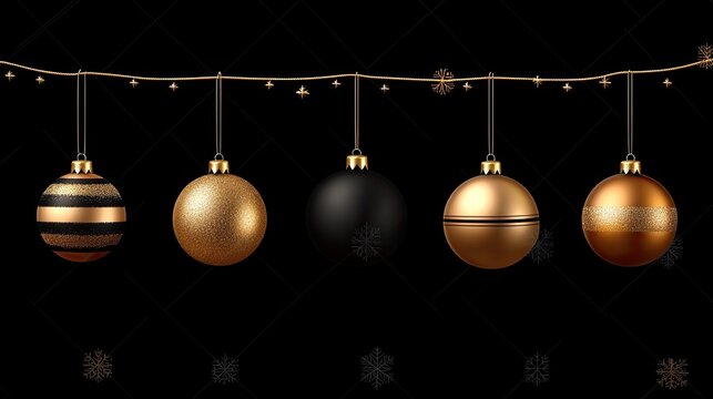 Golden Christmas decorations with balls and snowflakes gracefully hang against a black background, adding a touch of luxury for the holidays - Powered by Adobe