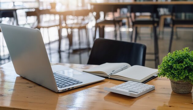 Workspace Scene: A modern workspace comes to life, a sleek laptop sits poised alongside an open book, a calculator and a potted plant, evoking a sense of creativity, productivity, and organization.