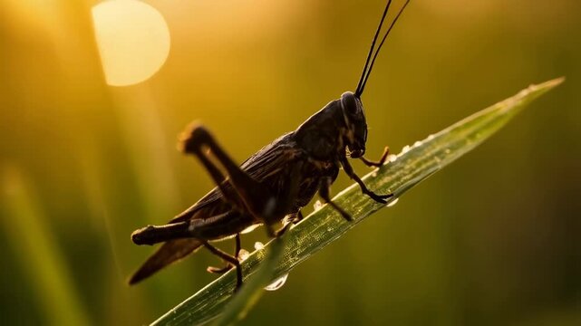Whispers of Light: Grasshopper at Dawn. A solitary grasshopper perches delicately on a blade of grass, silhouetted against the warm glow of sunrise. The soft golden background blurs into serenity