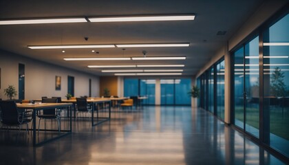 Fototapeta premium Modern Office Space: An expansive, minimalist office interior bathed in the soft glow of overhead lighting, highlighting an open layout with sleek desks, panoramic windows.